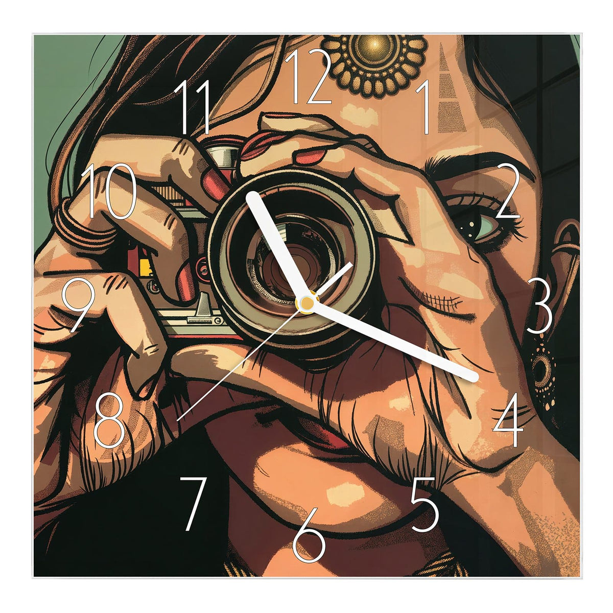 Wanduhr aus Glas, Ziffernblatt Elegant mit Motiv Frau mit Kamera: Comic-Illustration einer Frau, die eine Spiegelreflexkamera vors Gesicht hält #ziffernblatt_Elegant