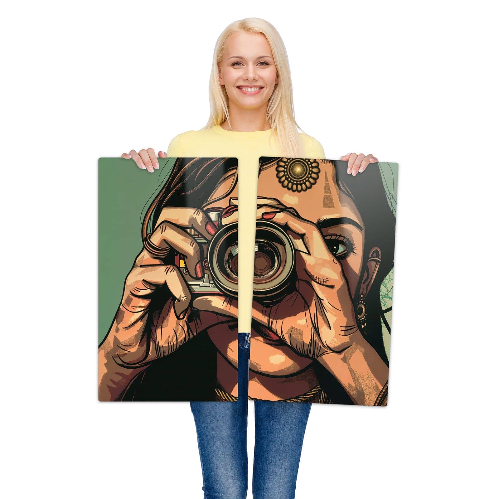 2-teilige Abdeckplatten für Ceranfeld mit Frau Mit Kamera-Motiv wird zur Größendarstellung gehalten