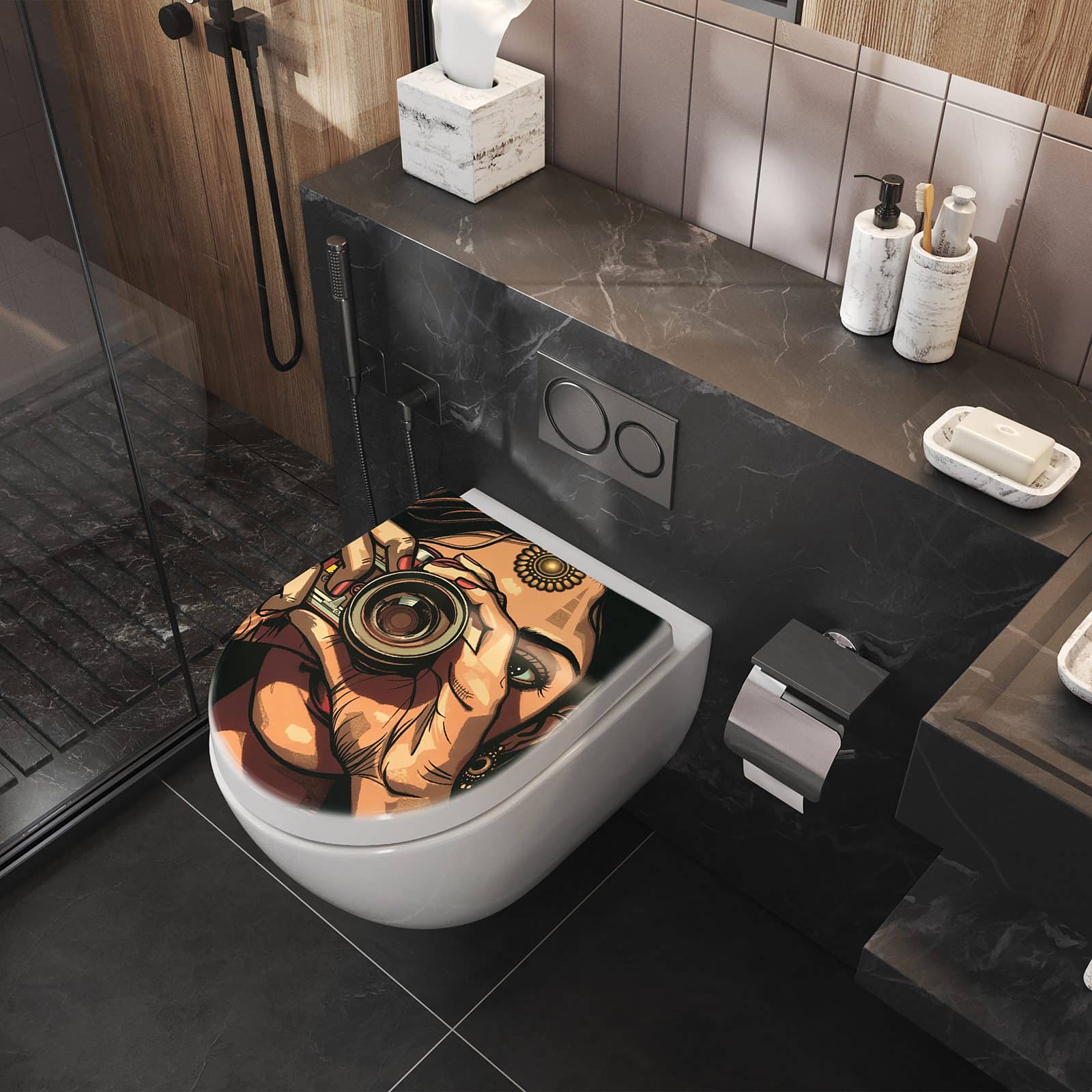 WC-Sitz mit Absenkautomatik Frau Mit Kamera