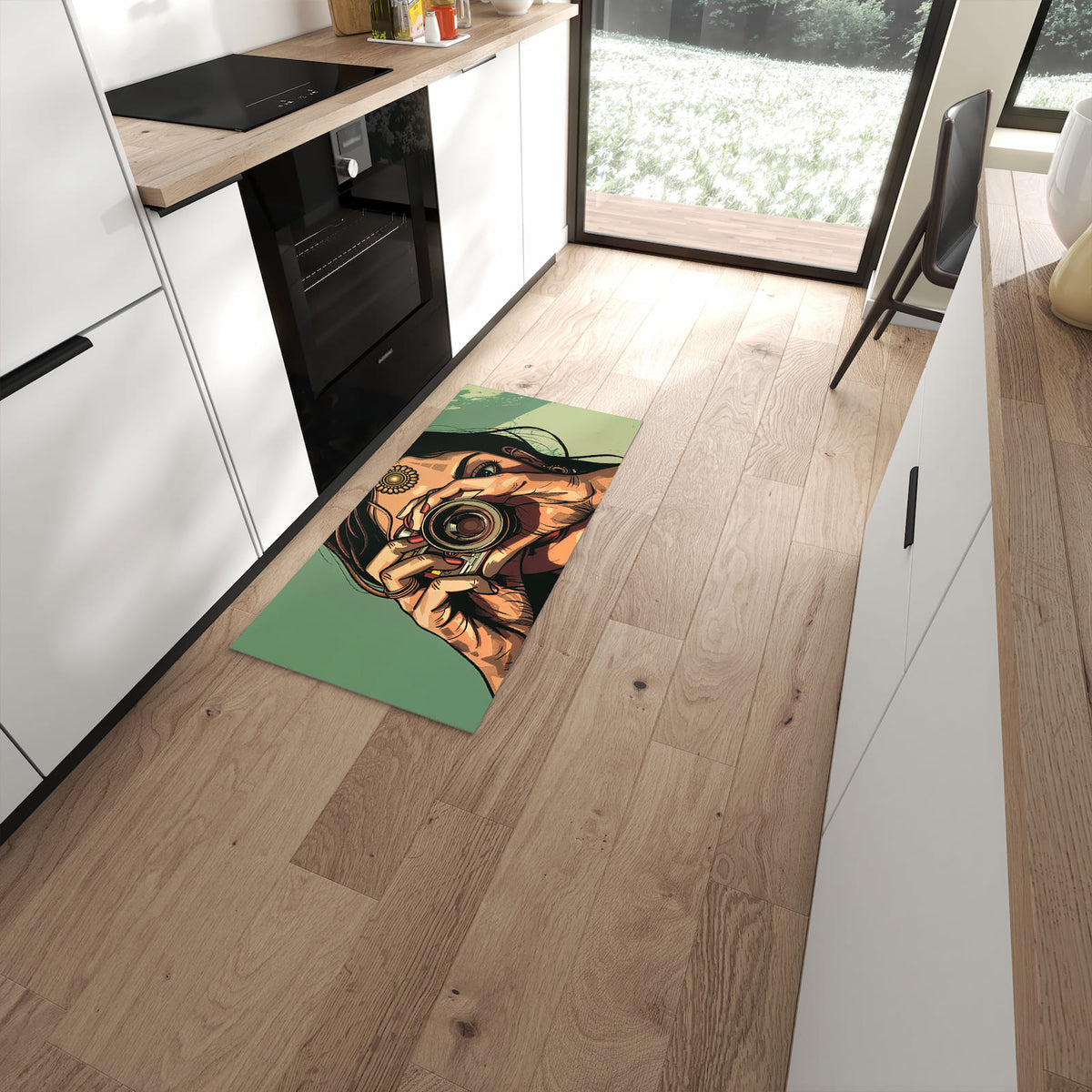 Bodenschonender Küchenteppich mit Motiv Frau Mit Kamera in moderner Küche #grösse_60 x 120 cm