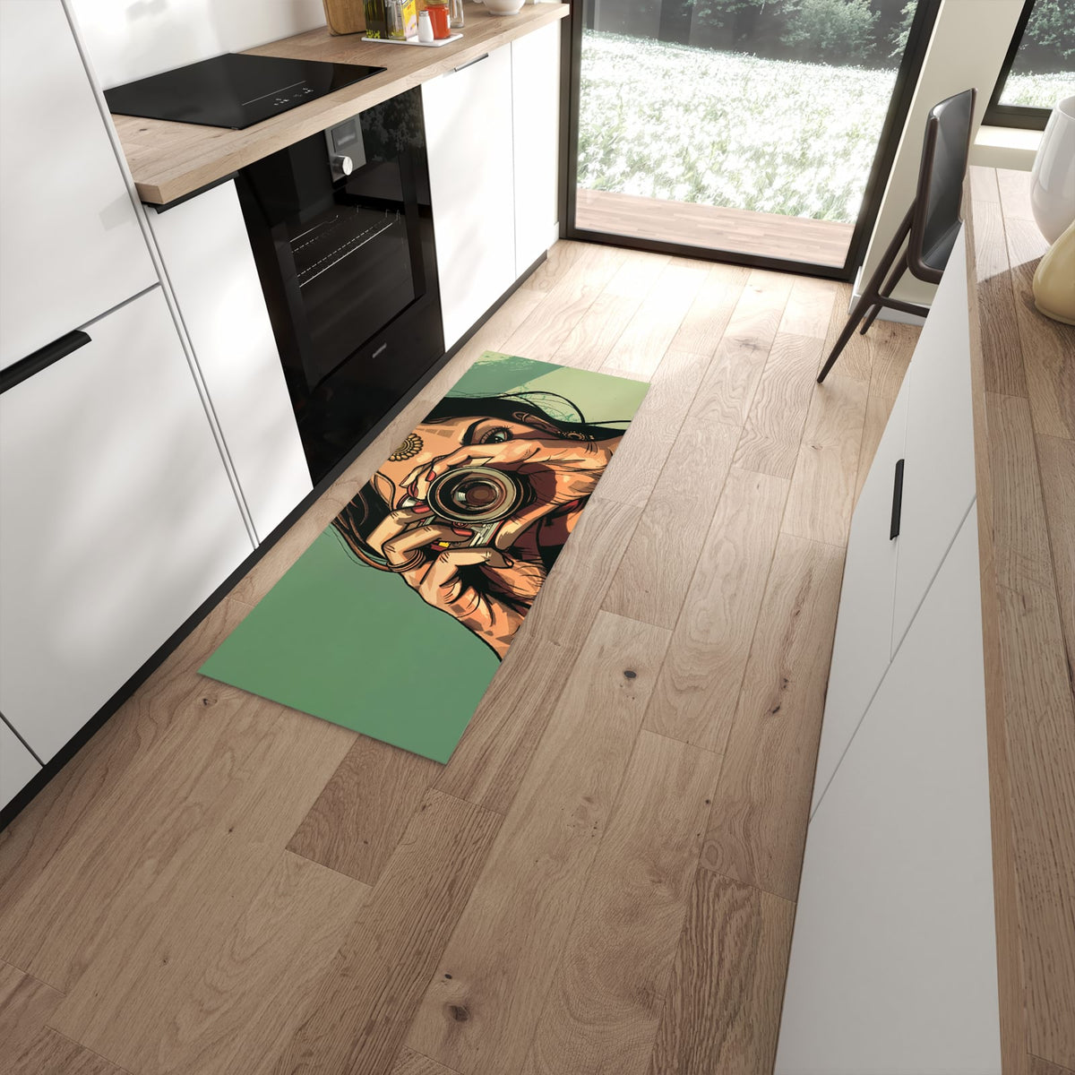 Küchenteppich mit Motiv Frau Mit Kamera für Ordnung in moderner Küche #grösse_60 x 150 cm