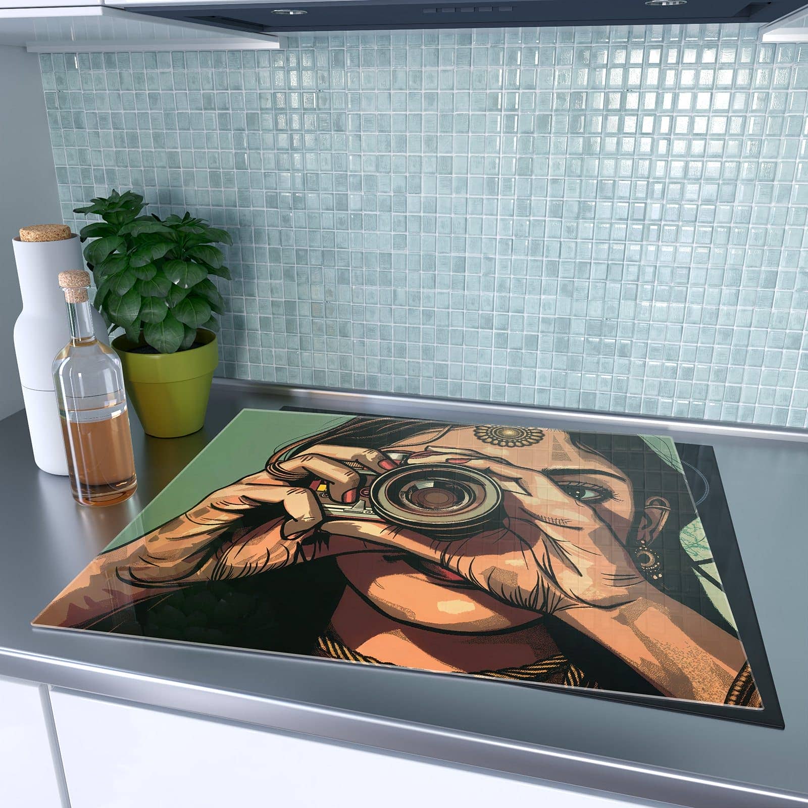 1-teilige Glasabdeckplatte für Ceranfeld mit Frau Mit Kamera-Motiv auf dem Ceranfeld