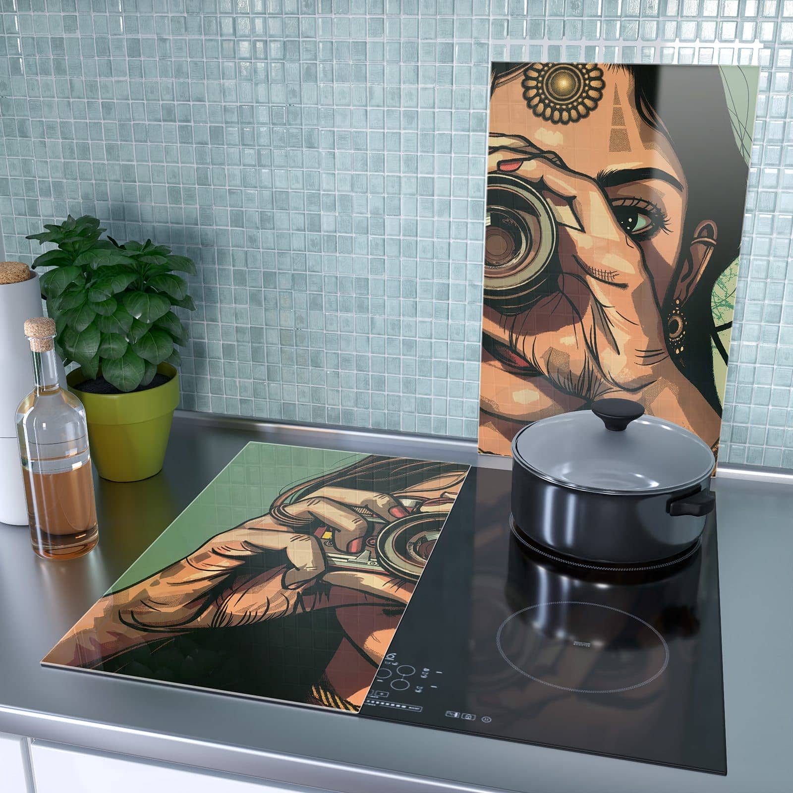 2-teilige Herdabdeckplatte mit Frau Mit Kamera-Motiv als Spritzschutz hinter dem Kochfeld
