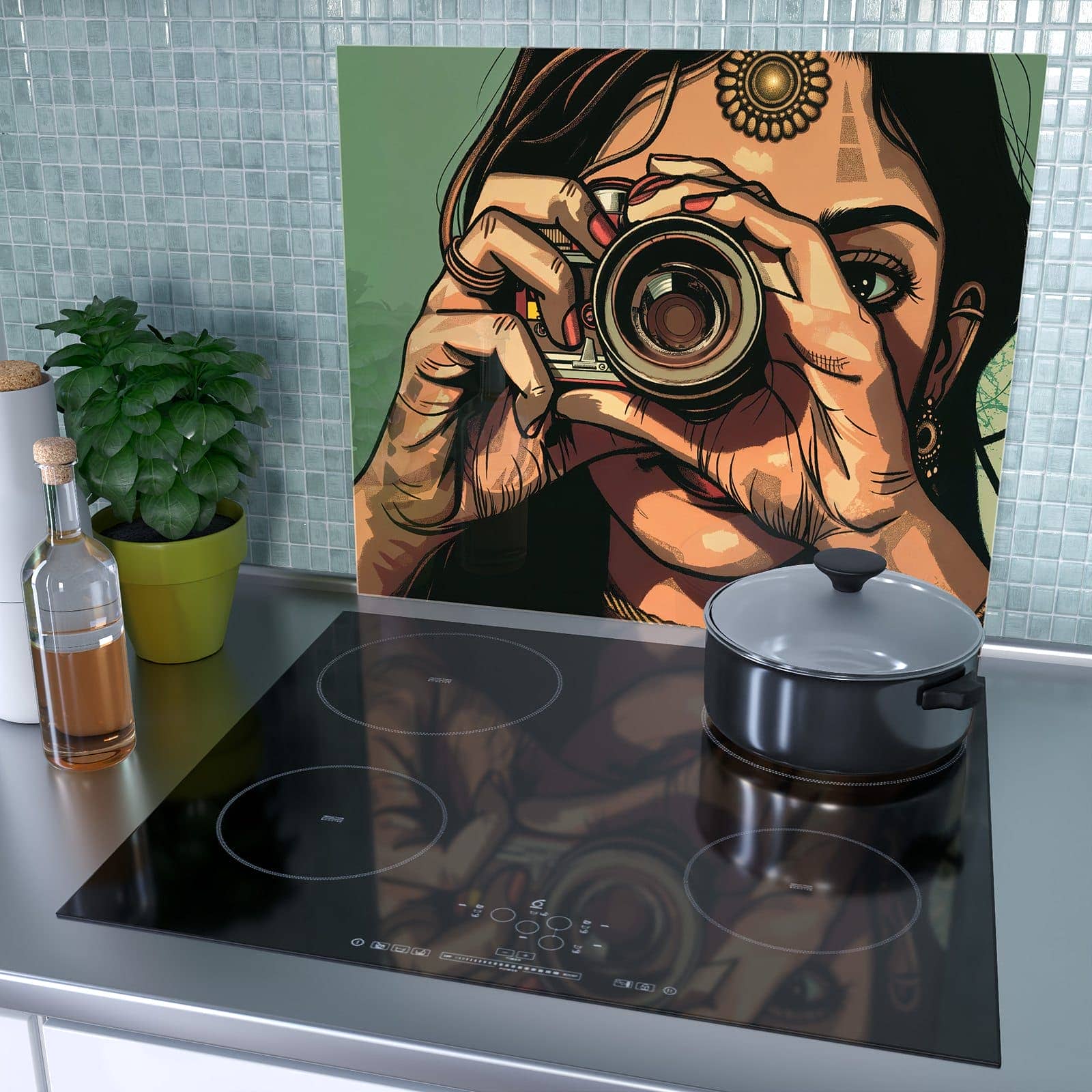 1-teilige Abdeckplatten für Herd mit Frau Mit Kamera-Motiv als Spritzschutz hinter dem Kochfeld