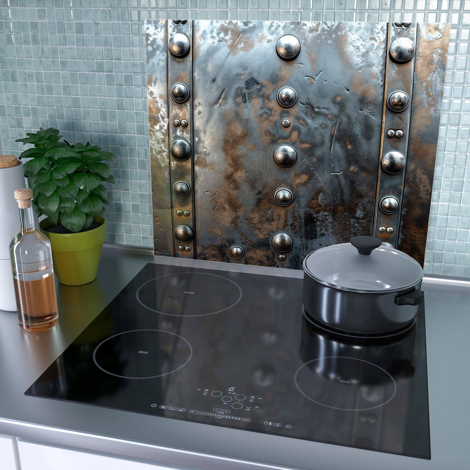 1-teilige Glasplatte für Herd mit Metallstruktur-Motiv als Spritzschutz hinter dem Kochfeld