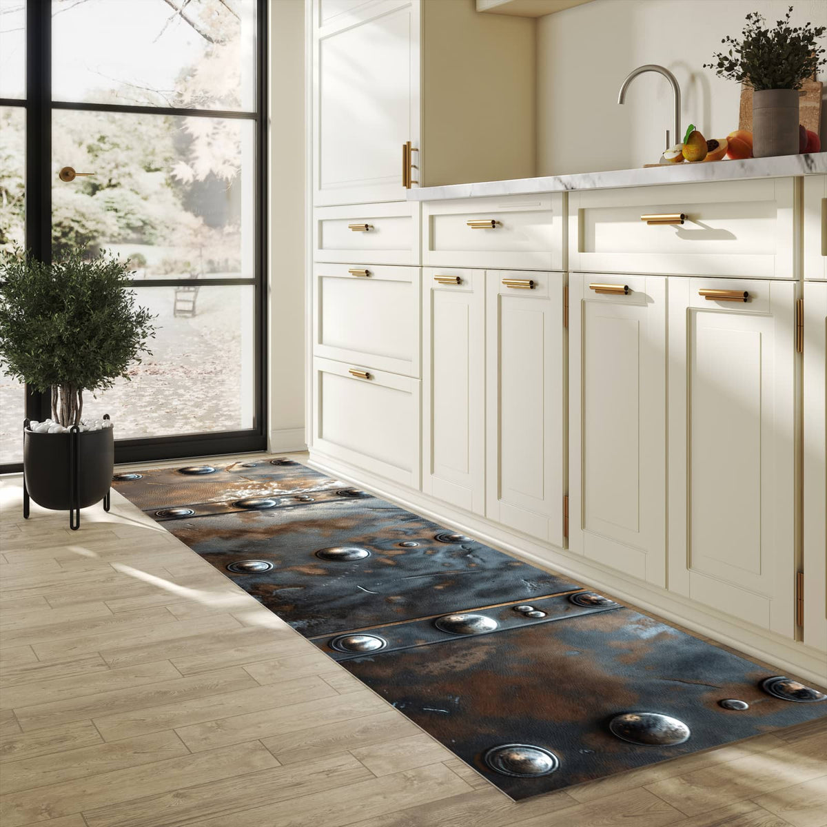 Schmutzabweisender moderner Küchenläufer mit Motiv Metallstruktur in heller Küche