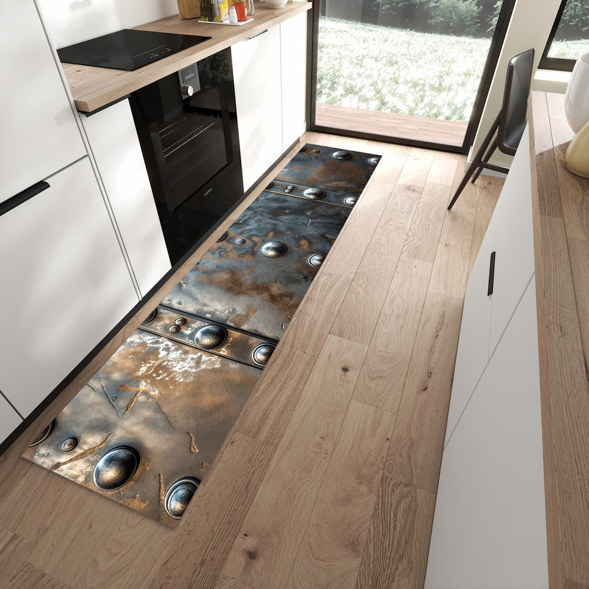 Rutschfester Küchenteppich mit Motiv Metallstruktur in moderner Küche