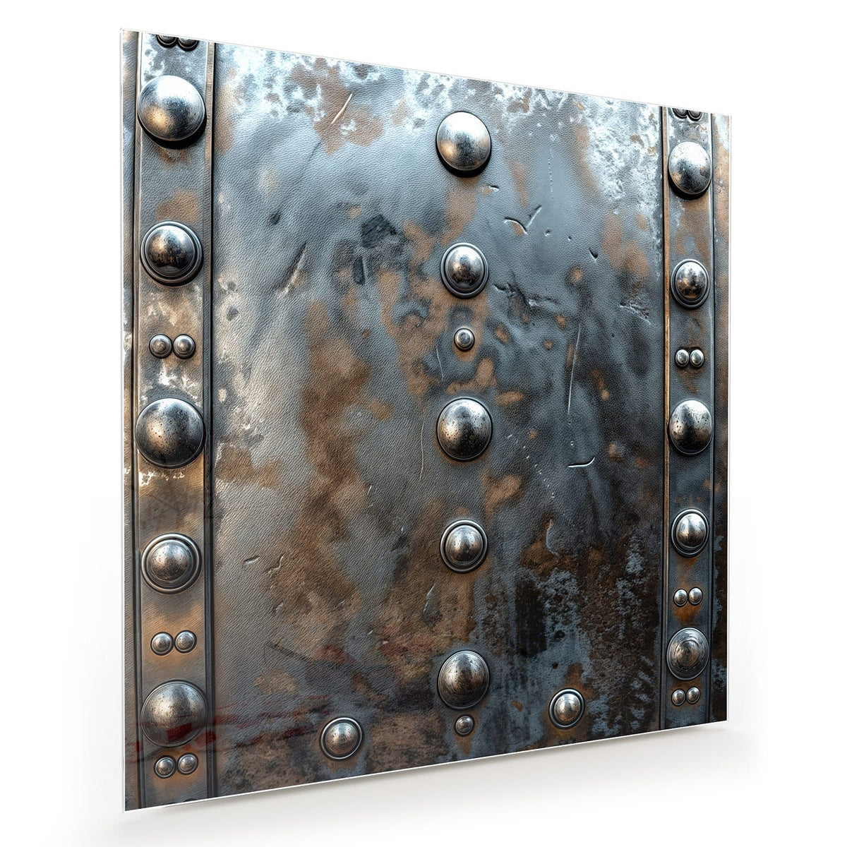 Genietete Metallplatte mit Nietenreihen links und rechts, Patina in Blaugrau und Kupfer