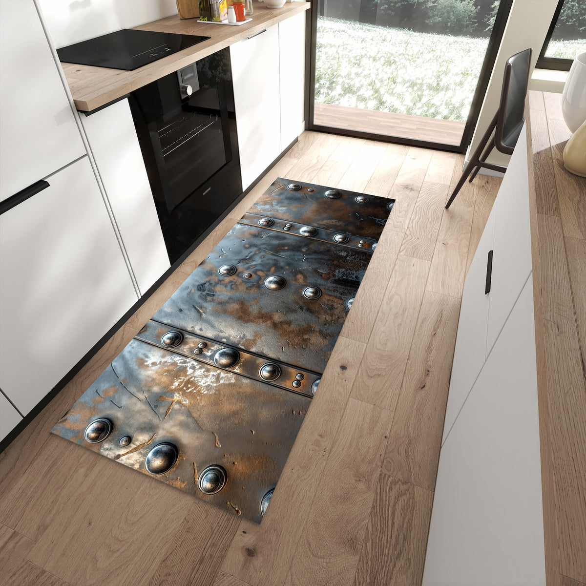 Hygienischer rutschfester Küchenteppich mit Motiv Metallstruktur in moderner Küche