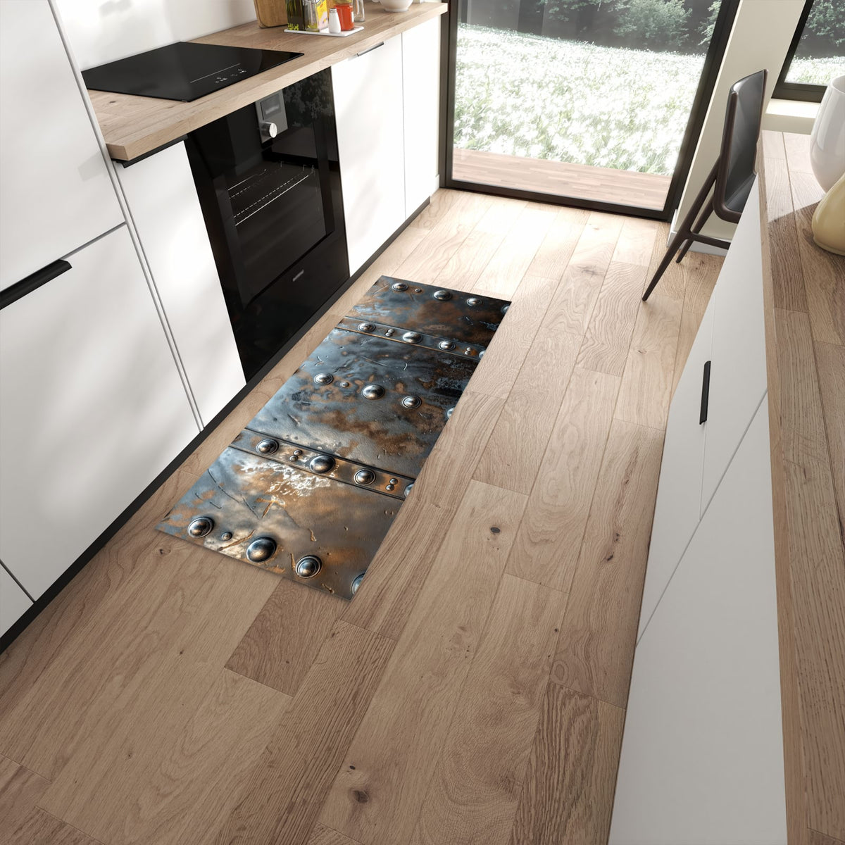 Geruchsneutraler Teppich in Küche mit Motiv Metallstruktur in moderner Küche #grösse_60 x 150 cm