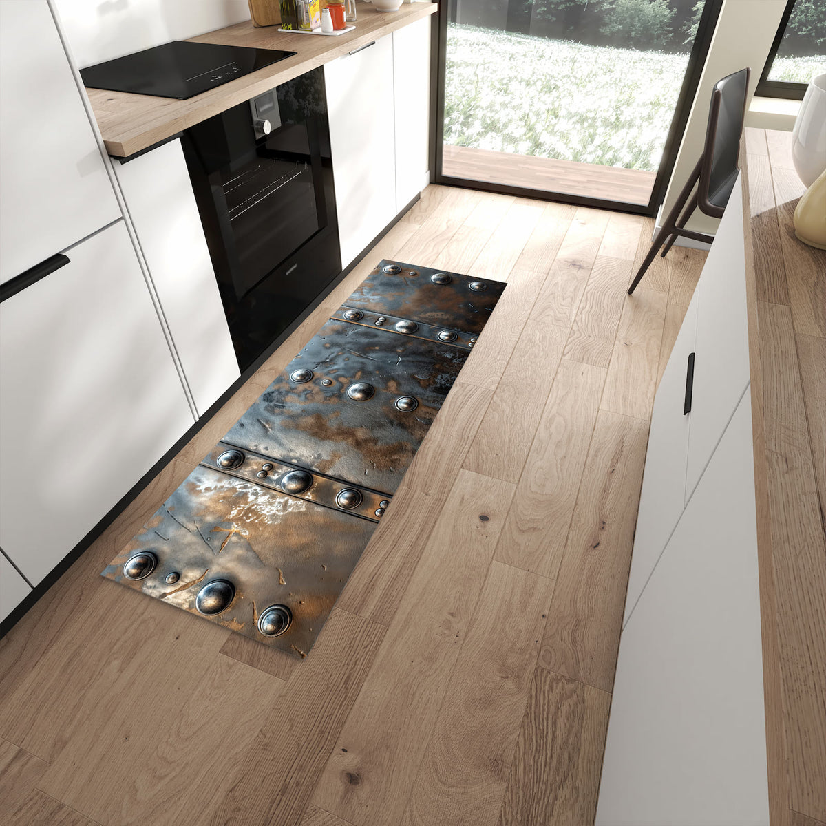 Langlebiger Küchenläufer mit Motiv Metallstruktur in moderner Küche