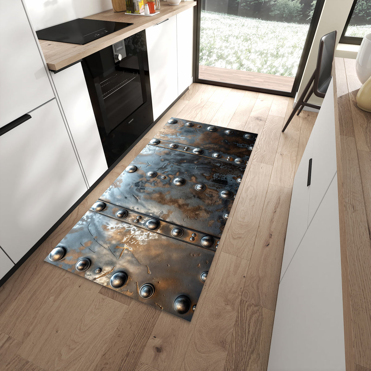 Rutschfester großer Küchenteppich mit Motiv Metallstruktur in moderner Küche