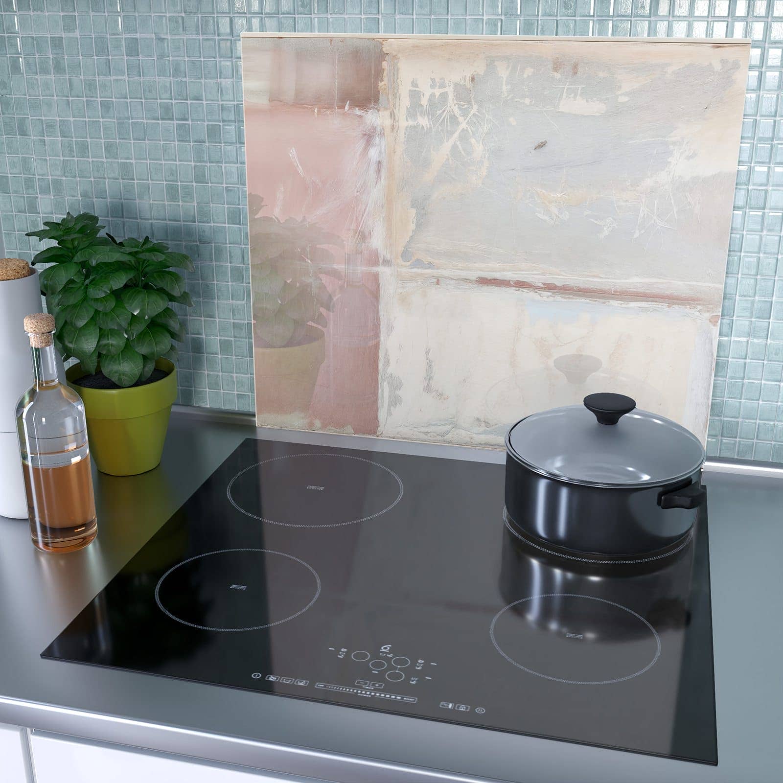 1-teilige Herdabdeckung aus Holz mit Zarte Strukturen-Motiv als Spritzschutz hinter dem Kochfeld