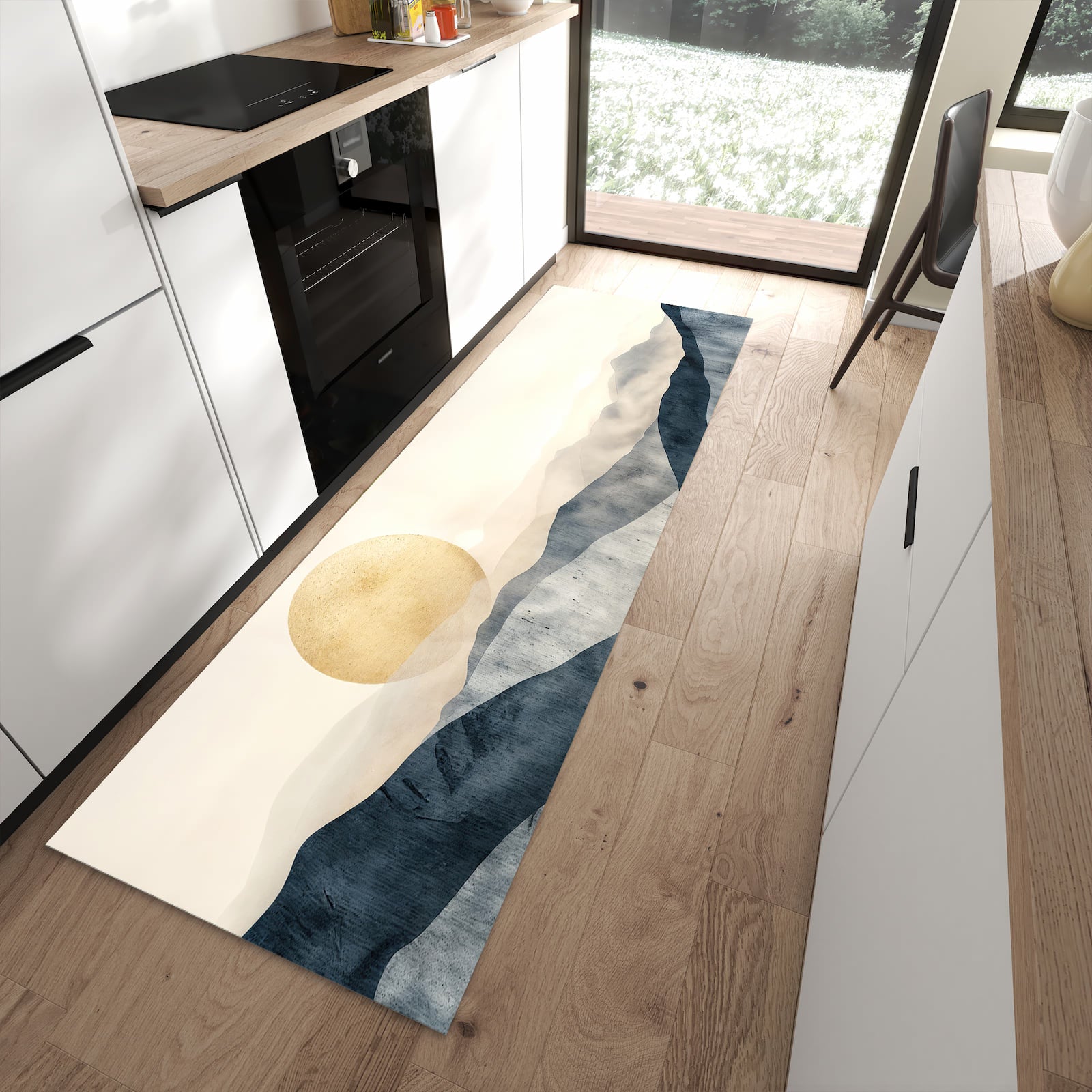 Strapazierfähiger Küchenläufer mit Motiv Sonnenaufgang Hügel in moderner Küche