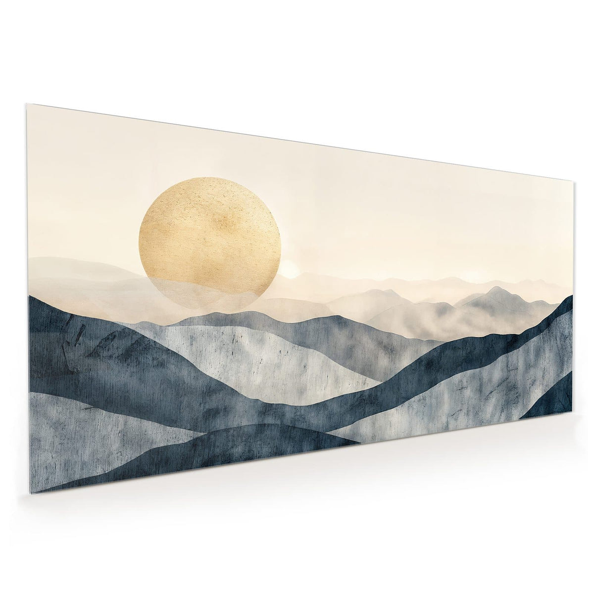 Küchenrückwand aus Glas im Hochformat: Große ockergelbe Sonne über gestaffelten blaugrauen Hügelketten