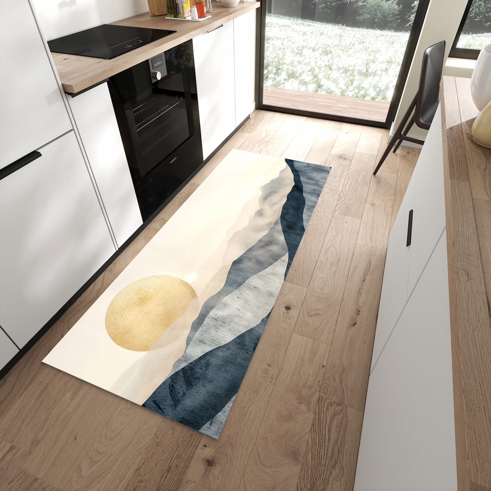 Hygienischer Küchenläufer mit Motiv Sonnenaufgang Hügel in moderner Küche