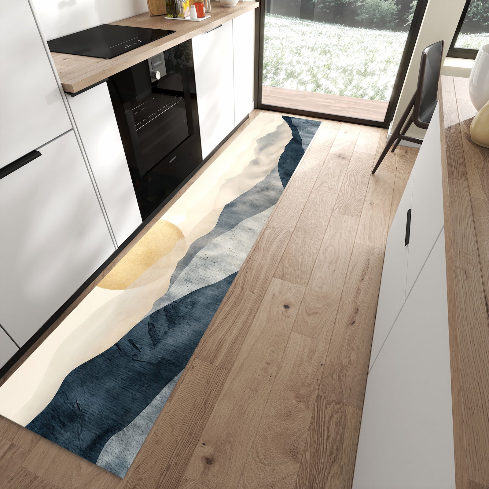 Waschbarer Küchenteppich mit Motiv Sonnenaufgang Hügel in moderner Küche