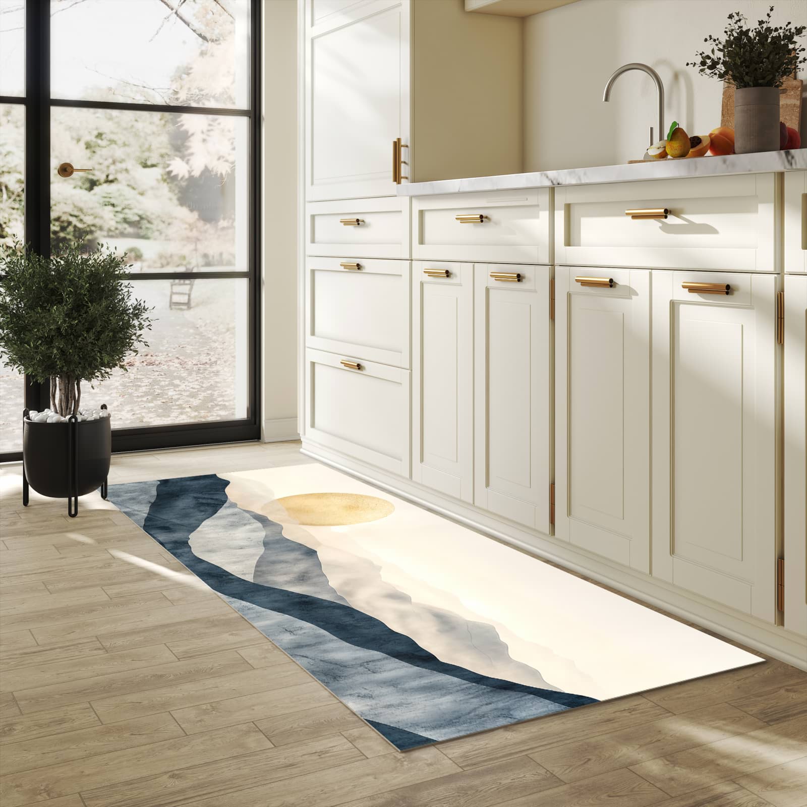 Pflegeleichter dünner Küchenteppich mit Motiv Sonnenaufgang Hügel in heller Küche