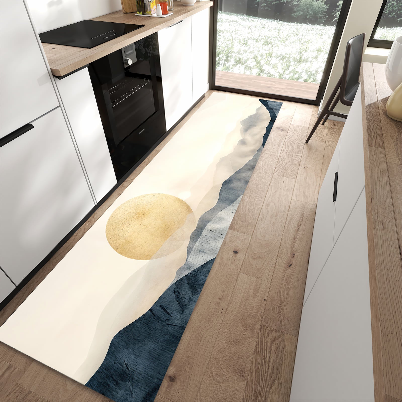 Langlebiger rutschfester Küchenläufer mit Motiv Sonnenaufgang Hügel in moderner Küche