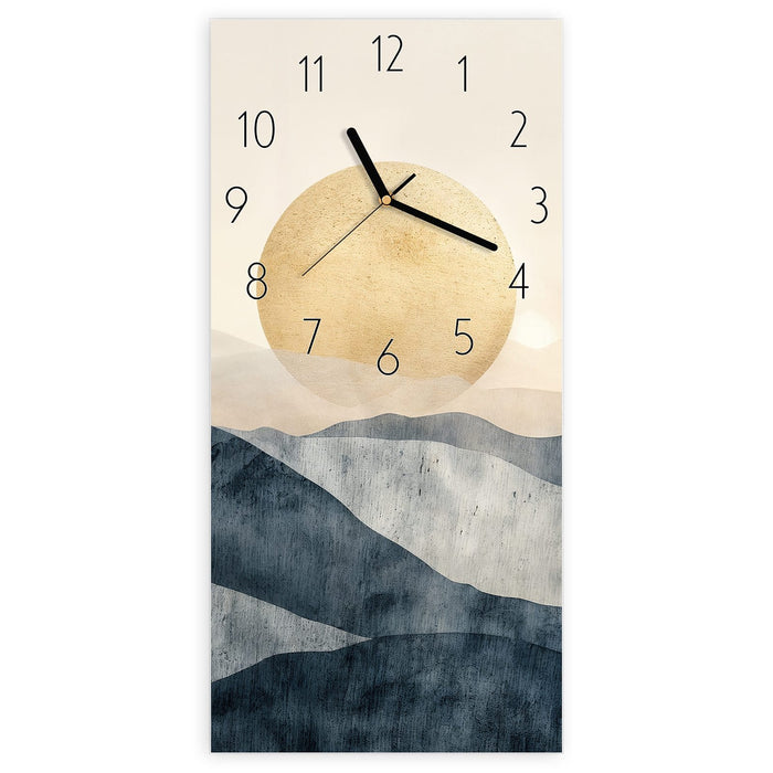 Wanduhr Sonnenaufgang Hügel aus Glas – Hochformat 30 × 60 cm mit Ziffernblatt Elegant