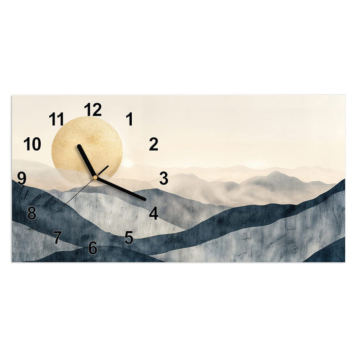 Wanduhr Sonnenaufgang Hügel aus Glas – Querformat 60 × 30 cm mit Ziffernblatt Modern