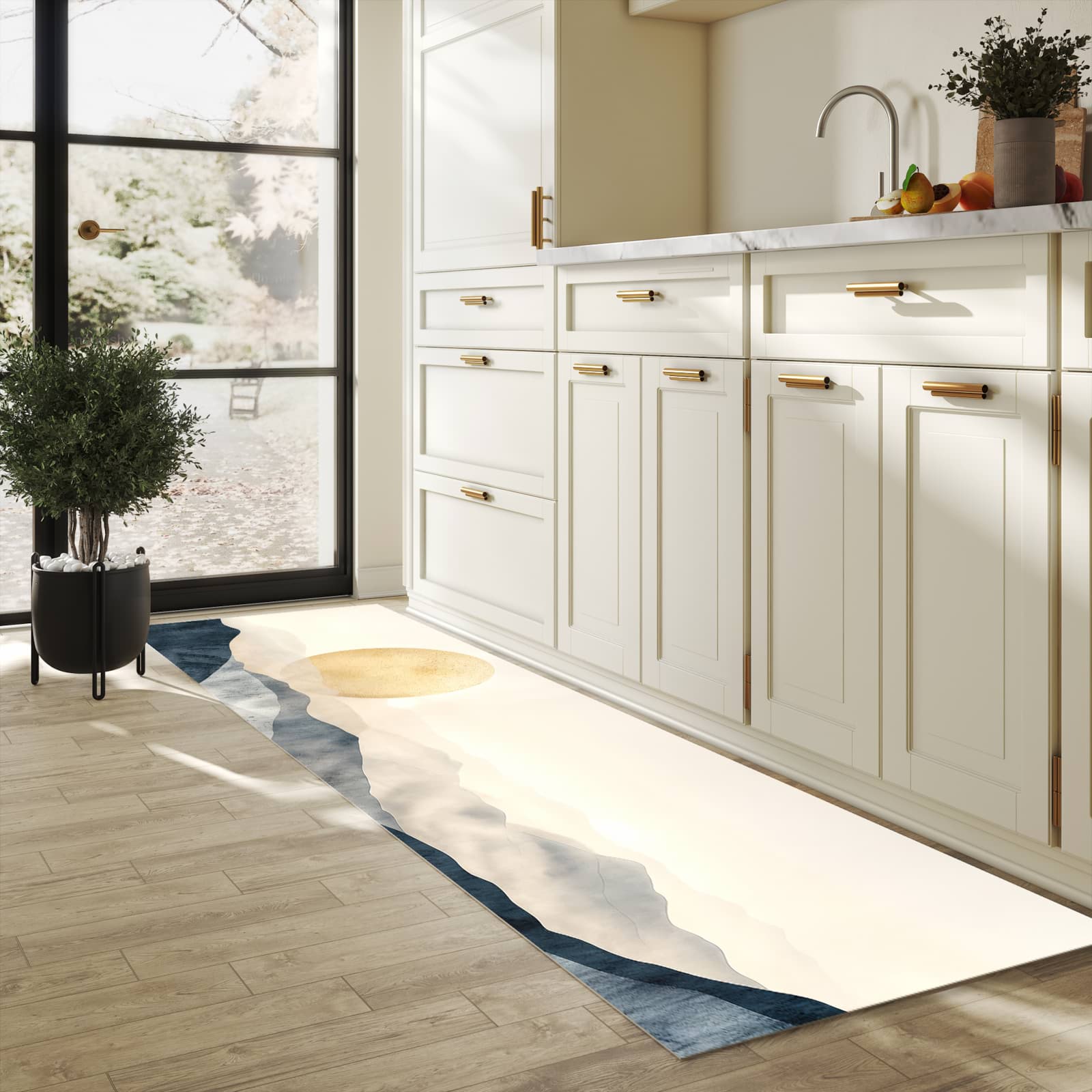 Langlebiger dünner Küchenteppich mit Motiv Sonnenaufgang Hügel in heller Küche