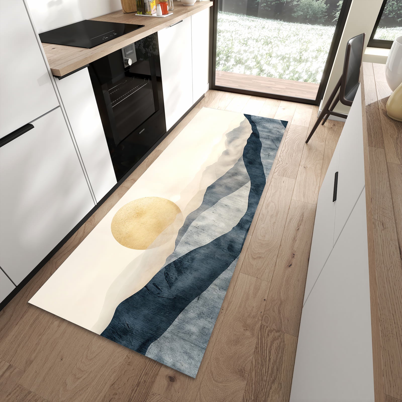 Feuchtigkeitsresistenter waschbarer Küchenläufer mit Motiv Sonnenaufgang Hügel in moderner Küche