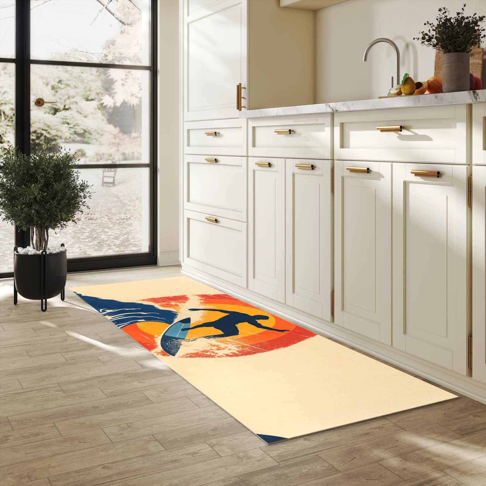 Bodenschonender Küchenteppich mit Motiv Surferwelle in heller Küche