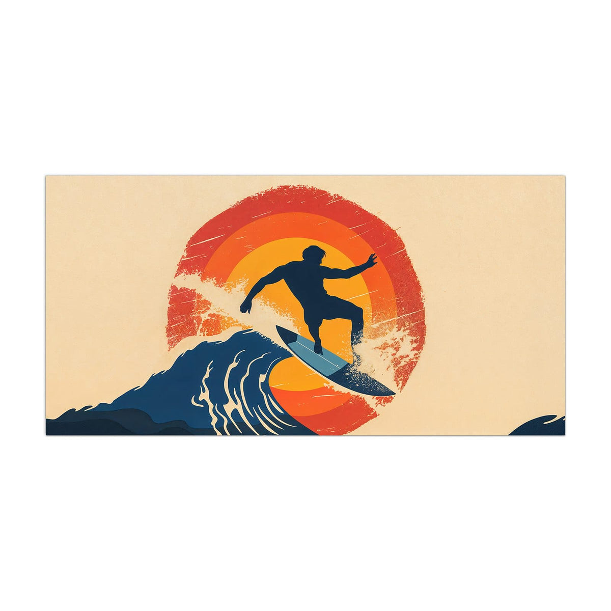 Küchenrückwand aus Glas Surfer vor Retrosonne im Hochformat, Motiv bildfüllend von vorn