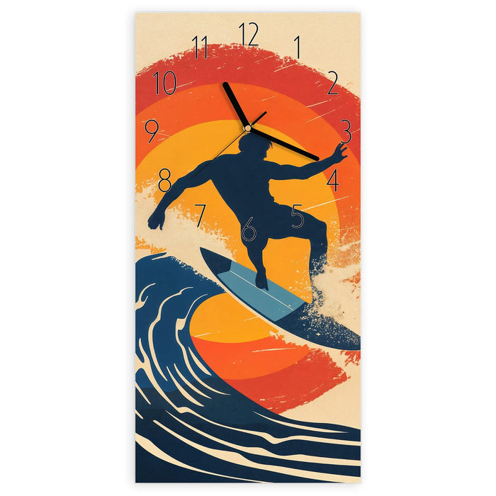 Wanduhr Surferwelle aus Glas – Hochformat 30 × 60 cm mit Ziffernblatt Elegant