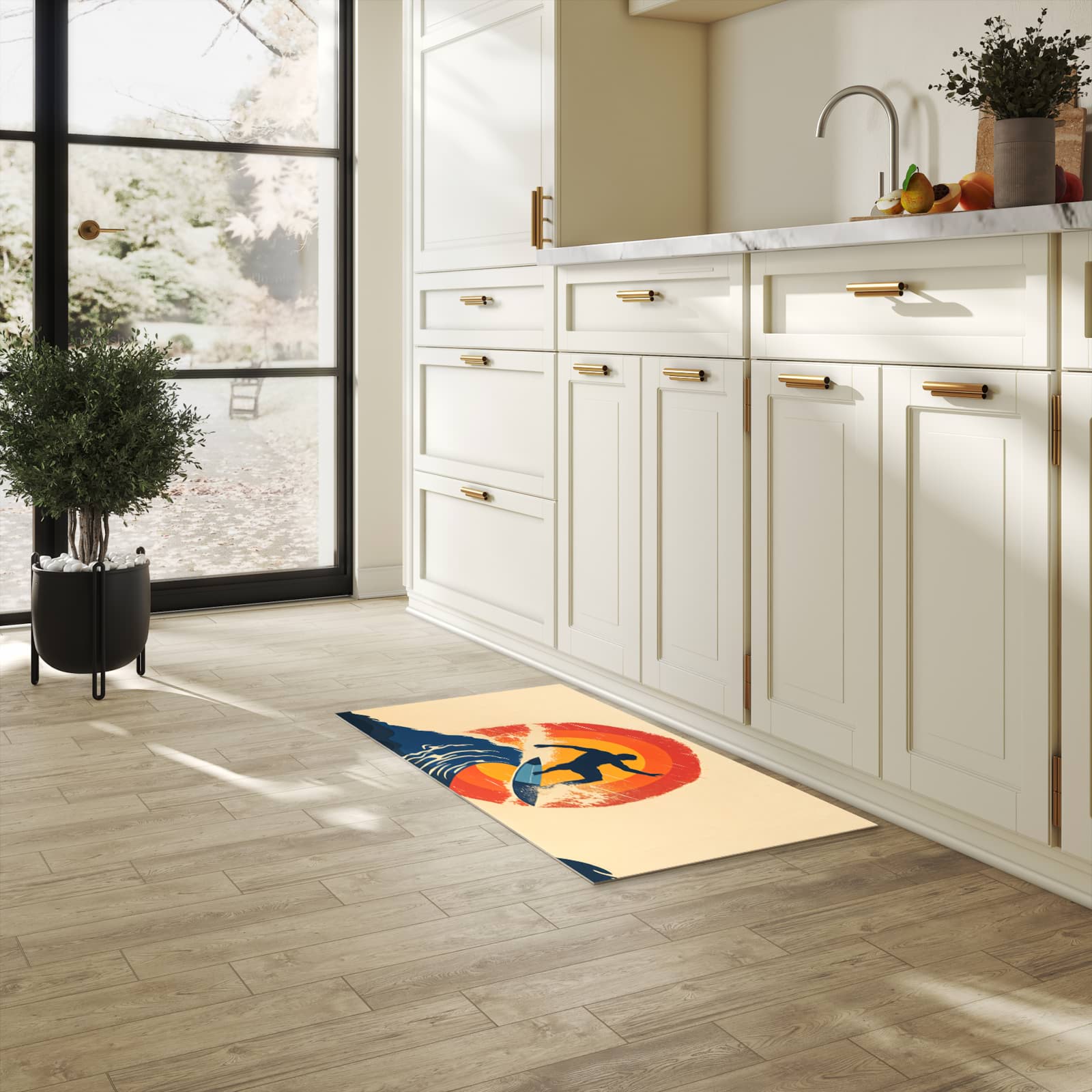 Abwaschbarer Küchenteppich mit Motiv Surferwelle in heller Küche