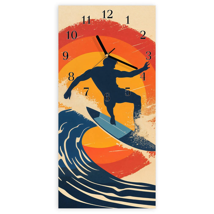 Wanduhr Surferwelle aus Glas – Hochformat 30 × 60 cm mit Ziffernblatt Klassisch