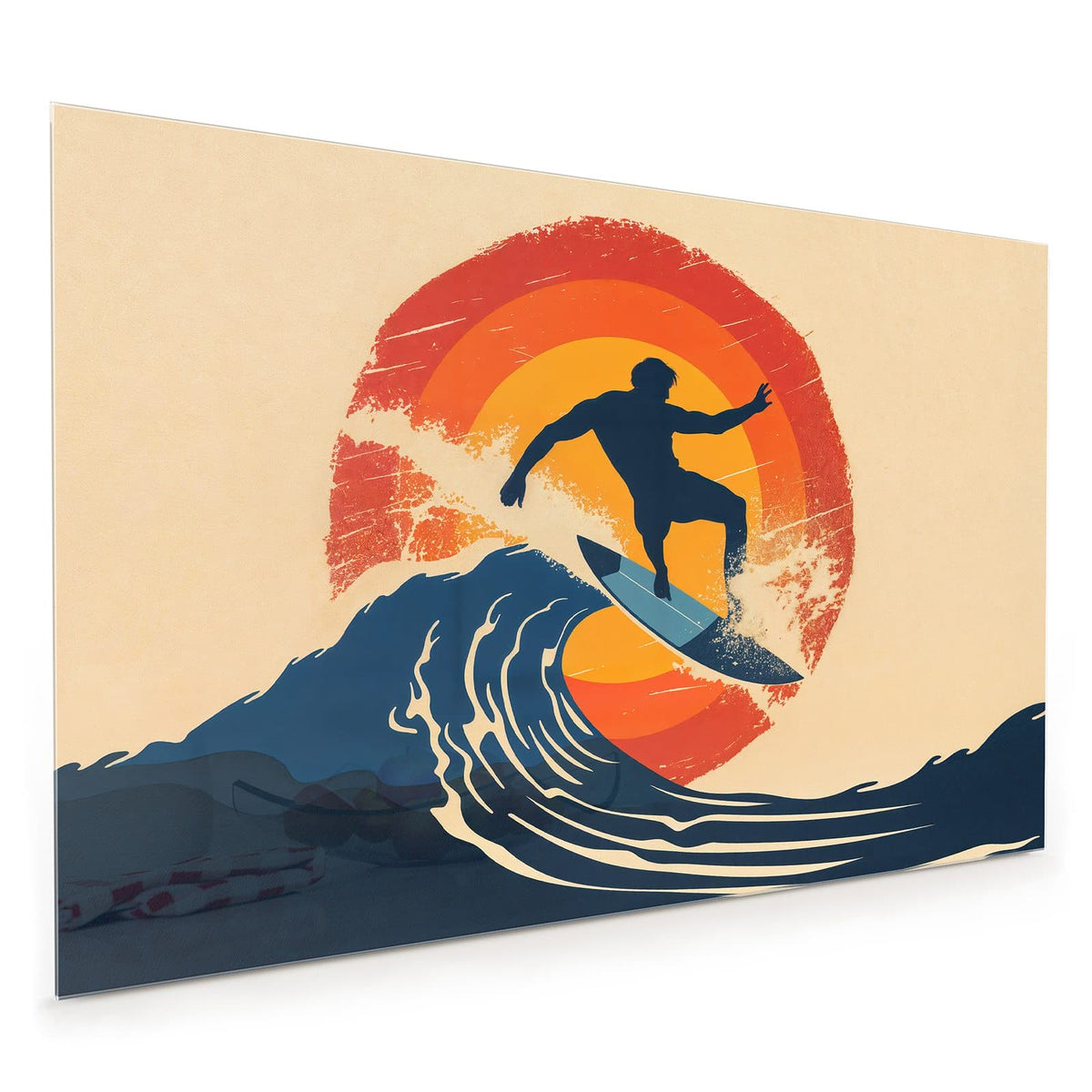 Küchenrückwand aus Glas im Hochformat: Retro-Grafik: Surfer-Silhouette auf blauer Welle vor einer roten Ringsonne, körniger Druck