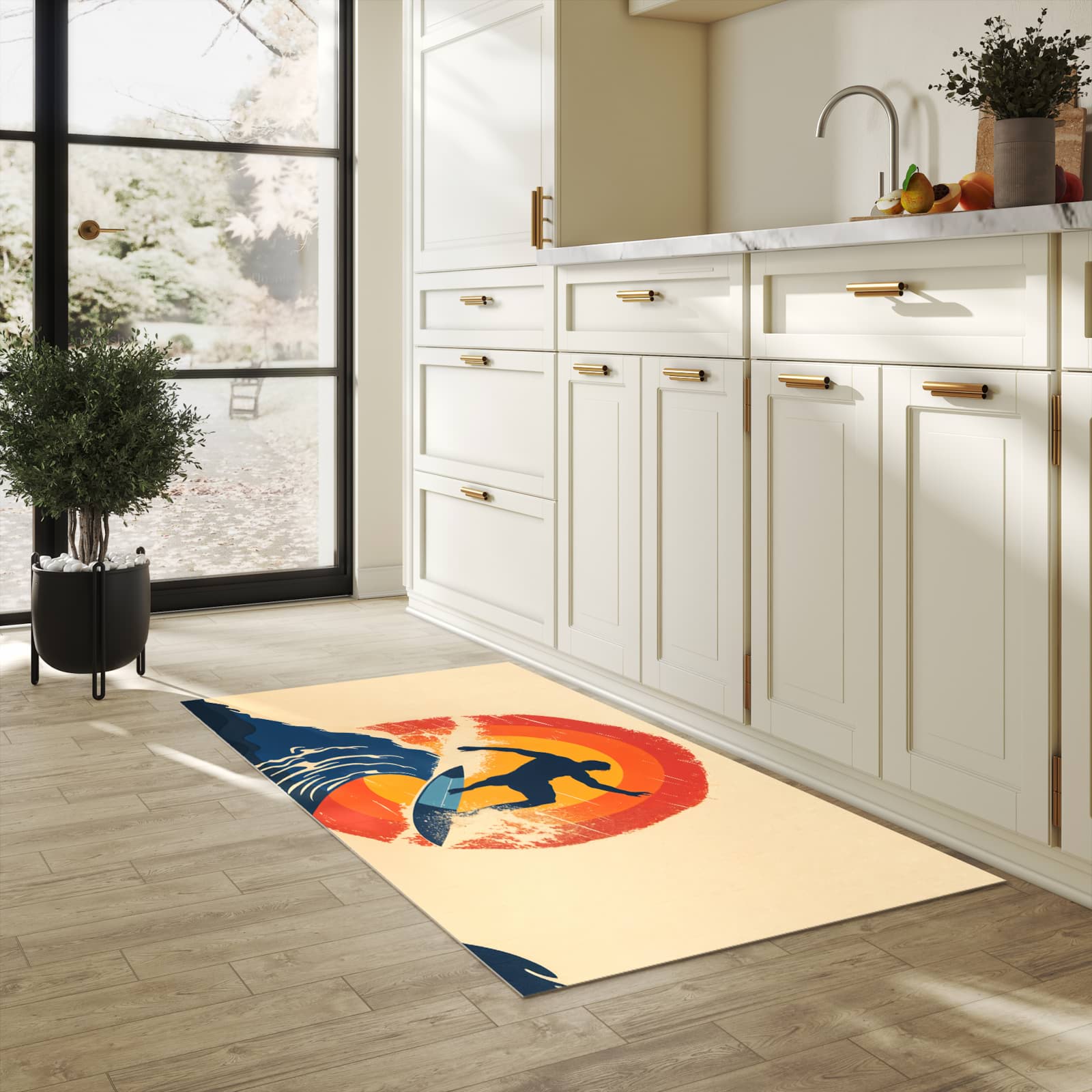 Farbbeständiger Küchenläufer mit Motiv Surferwelle in heller Küche