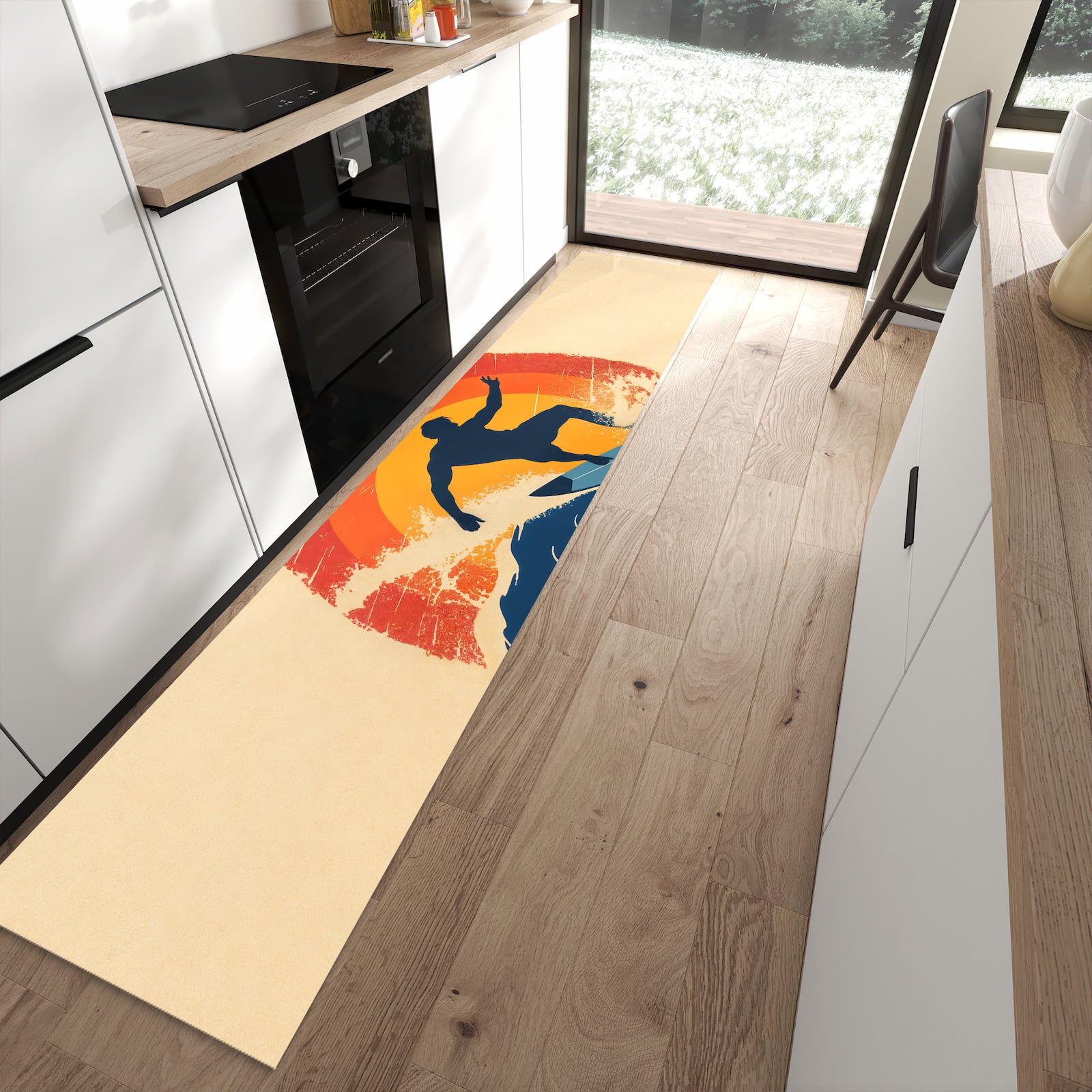 Geräuschdämpfender Teppich für Esstisch mit Motiv Surferwelle in moderner Küche