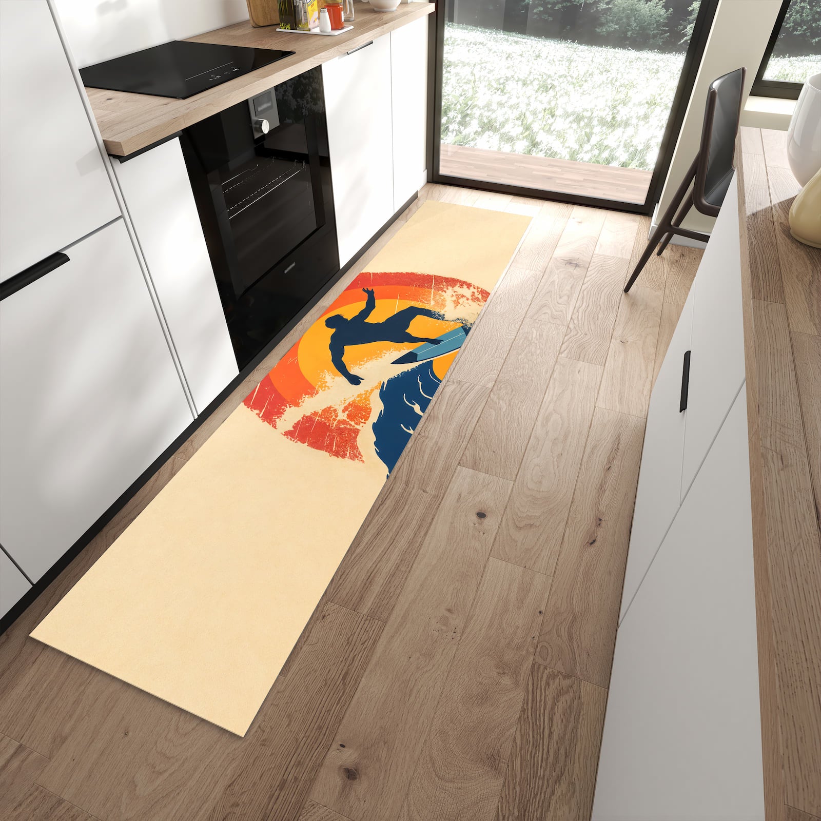 Waschbarer Teppich fürs Esszimmer mit Motiv Surferwelle in moderner Küche
