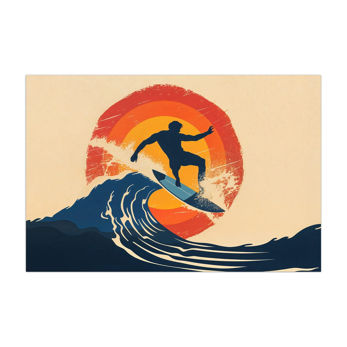 Küchenrückwand aus Glas Surfer vor Retrosonne im Hochformat, Motiv bildfüllend von vorn