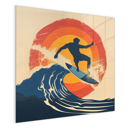 Magnettafel mit dem Motiv Surfer vor Retrosonne