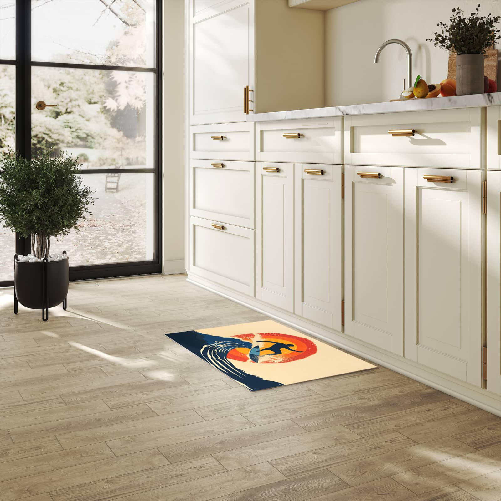 Rutschfester Küchenteppich mit Motiv Surferwelle in heller Küche