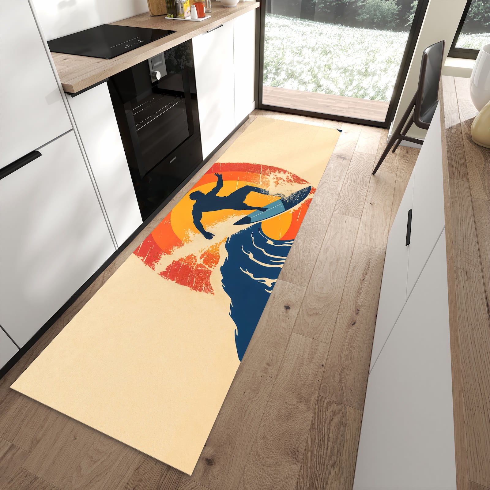 Wasserabweisender Küchenteppich mit Motiv Surferwelle in moderner Küche
