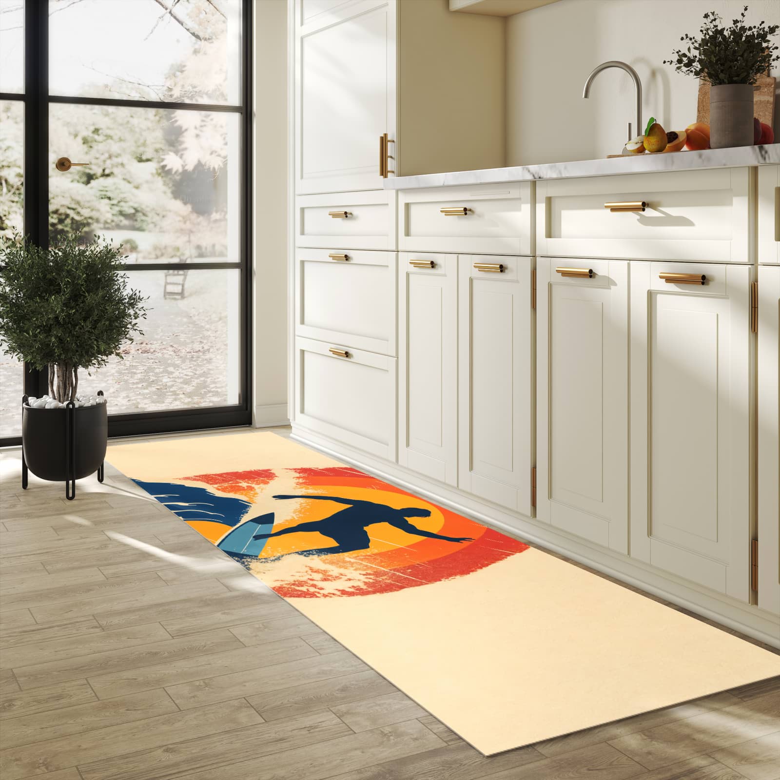 Bodenschonender Läufer für die Küche mit Motiv Surferwelle in heller Küche