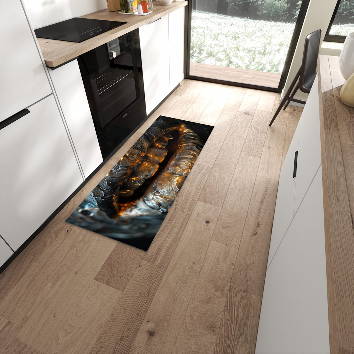 Komfortabler Küchenläufer mit Motiv Metallischer Mund in moderner Küche #grösse_60 x 150 cm