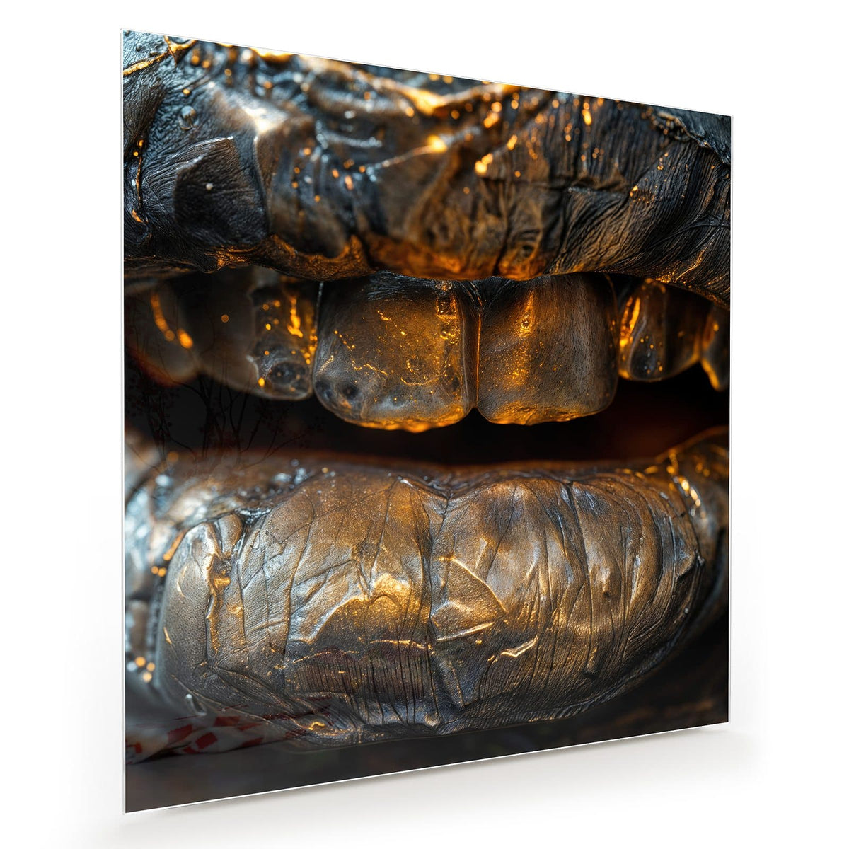 Nahaufnahme von Lippen und Zähnen, die wie poliertes Metall in Gold und Bronze glänzen