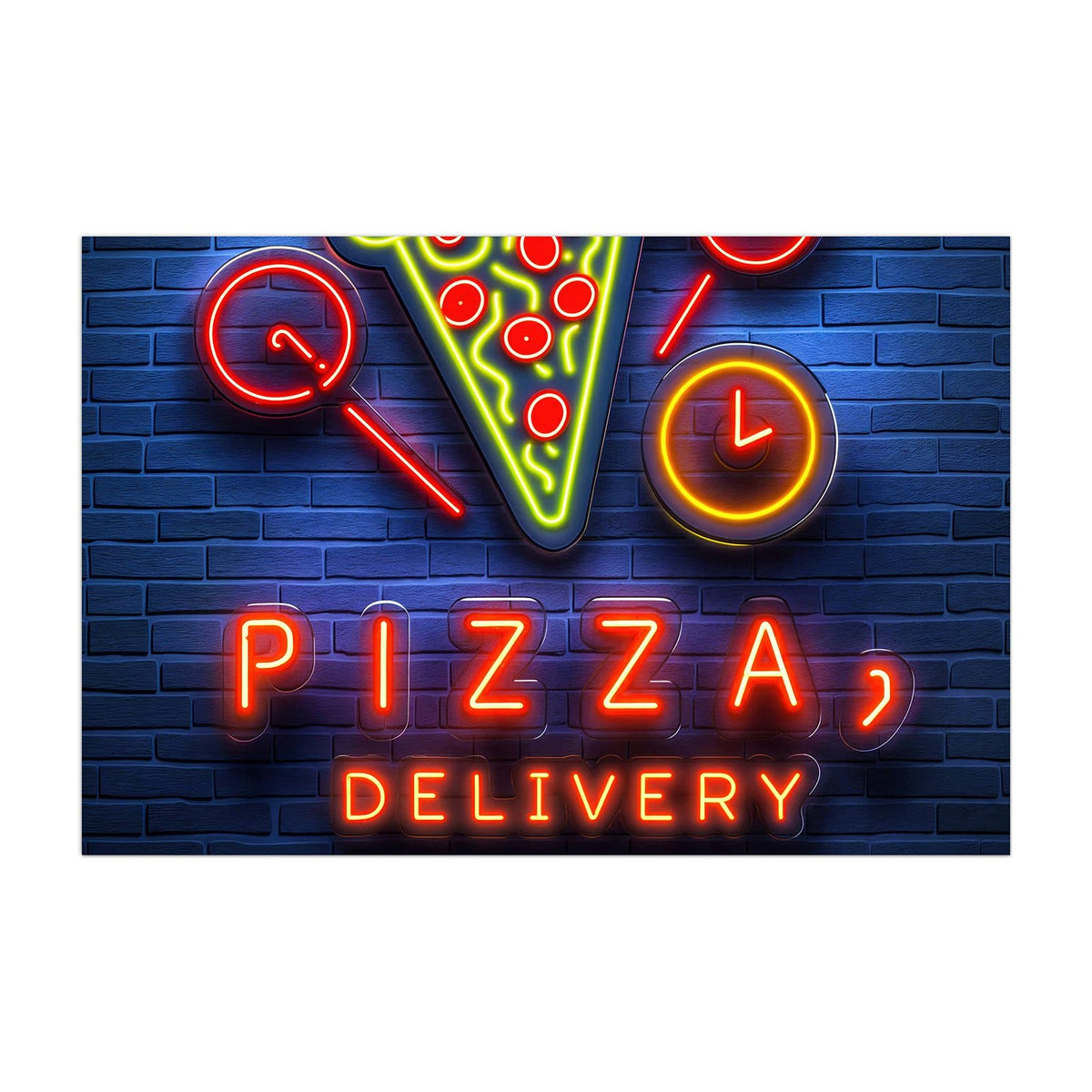 Küchenrückwand aus Glas Pizza in Neonlicht im Hochformat, Motiv bildfüllend von vorn