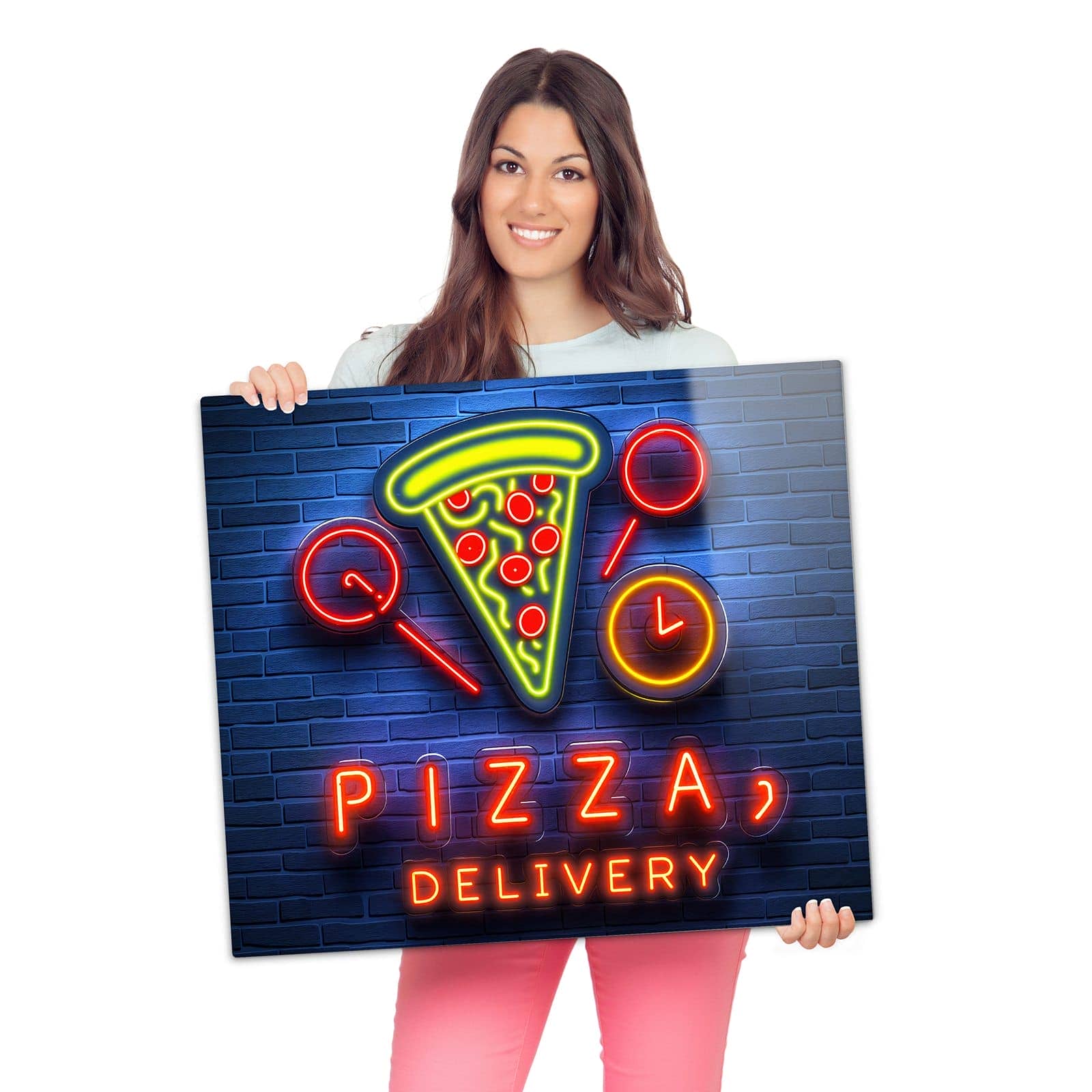 1-teilige Kochfeldabdeckung mit Pizzalieferservice-Motiv wird zur Größendarstellung gehalten