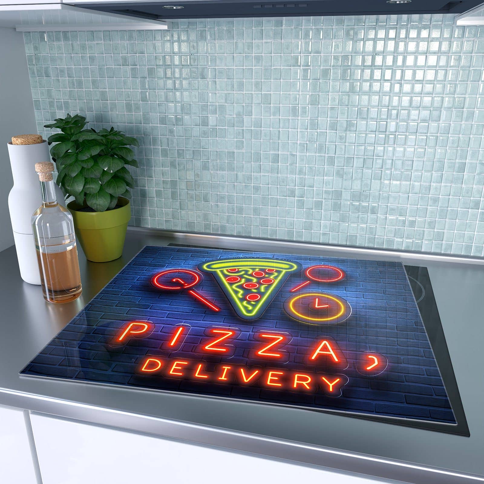 1-teilige Herdabdeckung aus Holz mit Pizzalieferservice-Motiv auf dem Ceranfeld