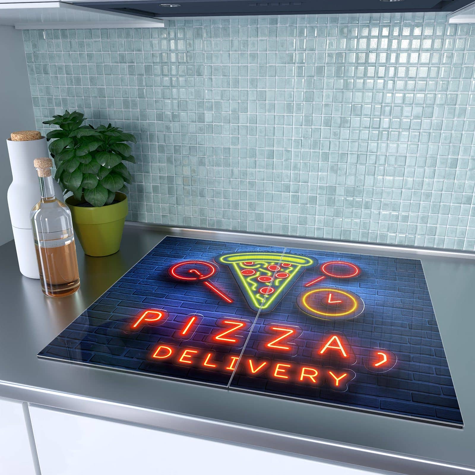 2-teilige Herdabdeckplatten aus Glas mit Pizzalieferservice-Motiv auf dem Ceranfeld
