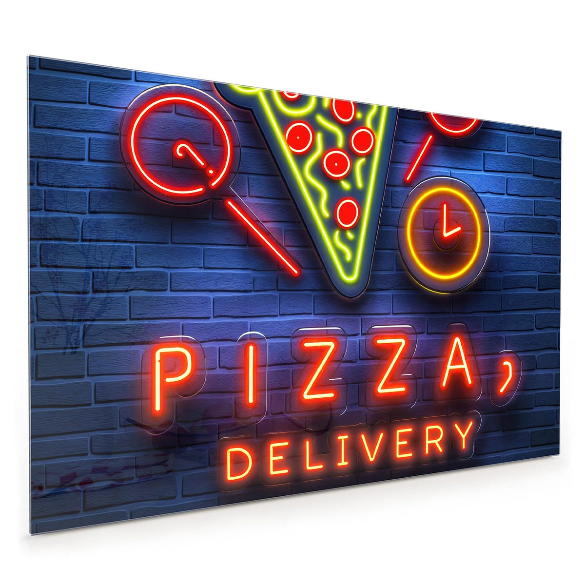 Küchenrückwand aus Glas im Hochformat: Neon-Leuchtreklame 'PIZZA, DELIVERY' mit Pizzastück und Uhren vor blauer Backsteinwand