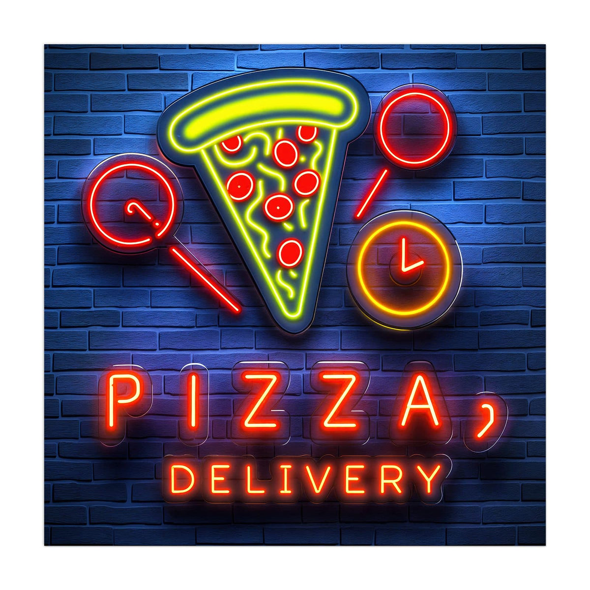 Küchenrückwand aus Glas Pizza in Neonlicht im quadratischen Format, Motiv bildfüllend von vorn