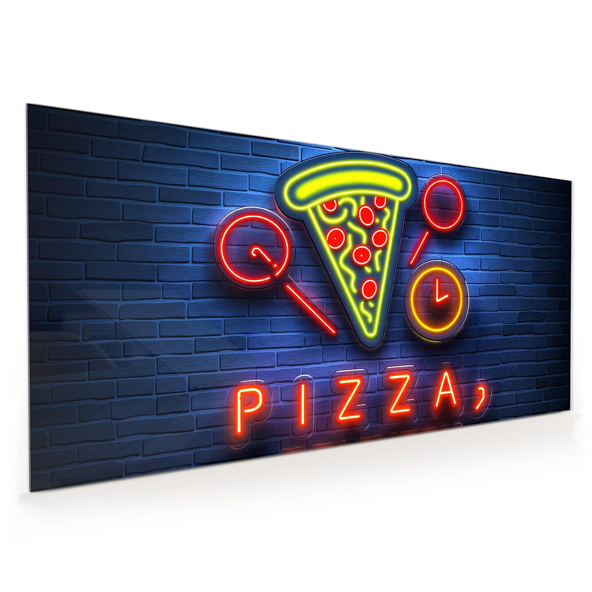 Küchenrückwand aus Glas im Hochformat: Neon-Leuchtreklame 'PIZZA, DELIVERY' mit Pizzastück und Uhren vor blauer Backsteinwand